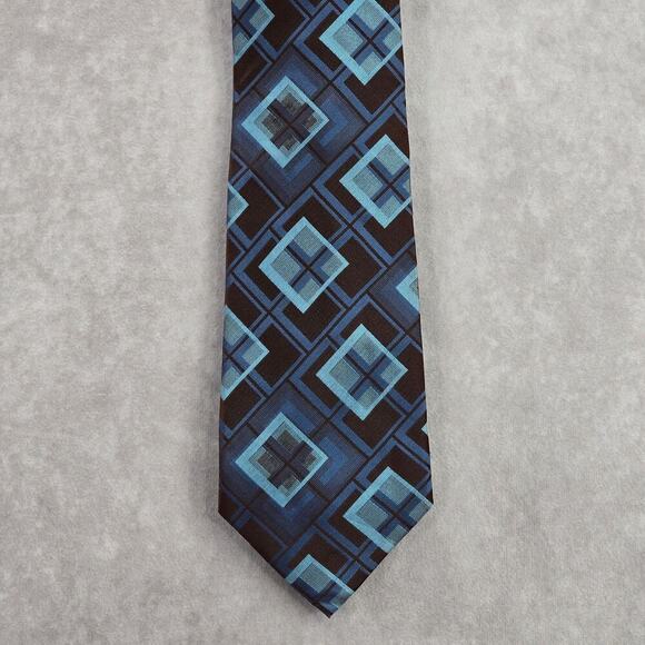 Covington Blue Brown Geometric Square Executive Silk Executive Neck Tie Men's - Picture 1 of 6